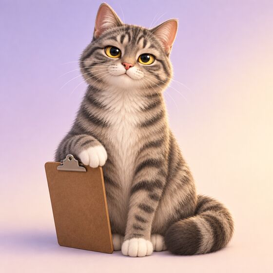 Bob, a gray striped tabby cat, sitting beside a clipboard