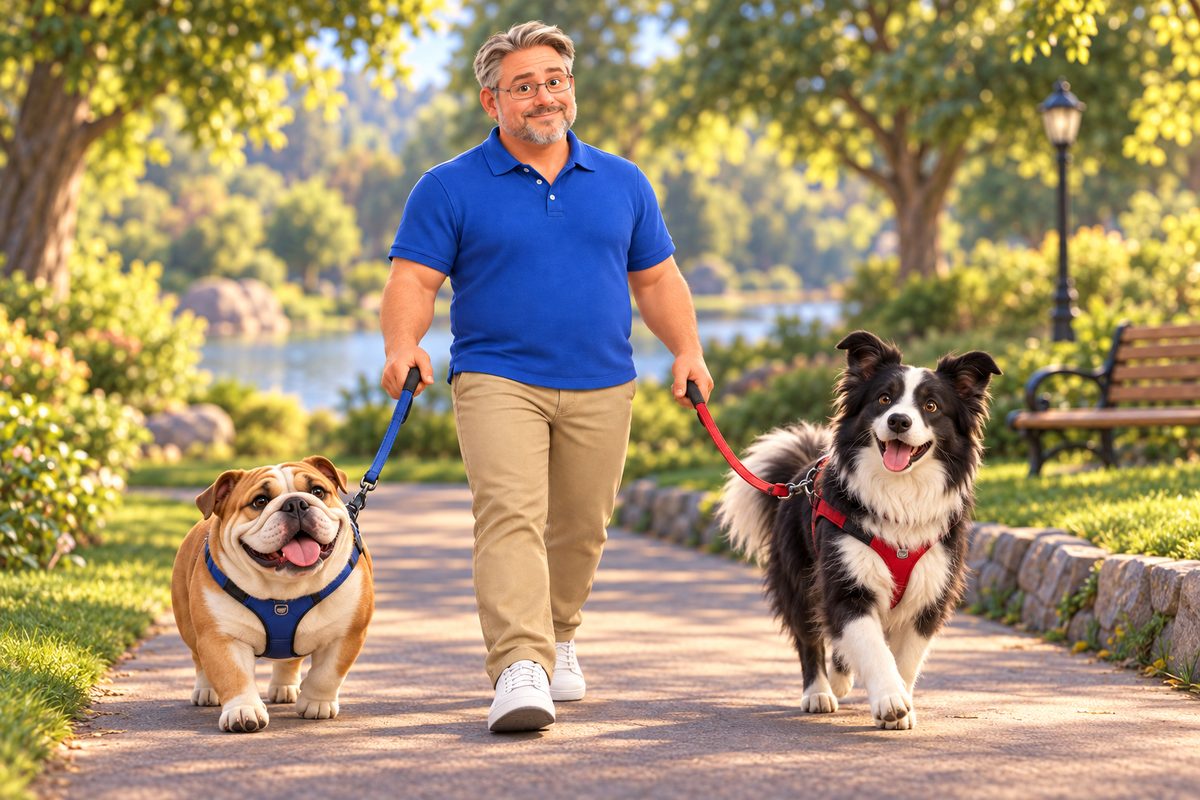 Alex walking a bulldog and a border collie on leashes along a sunny park path