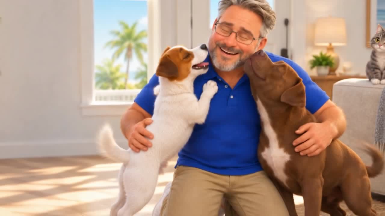 Alex hugging Buddy the Jack Russell and Lavender the pit bull at home