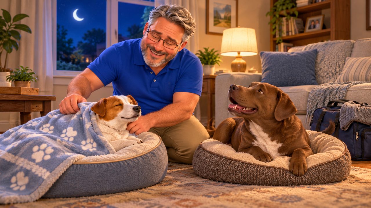Alex tucking a Jack Russell into a dog bed with a paw-print blanket at night while a brown dog relaxes in the next bed