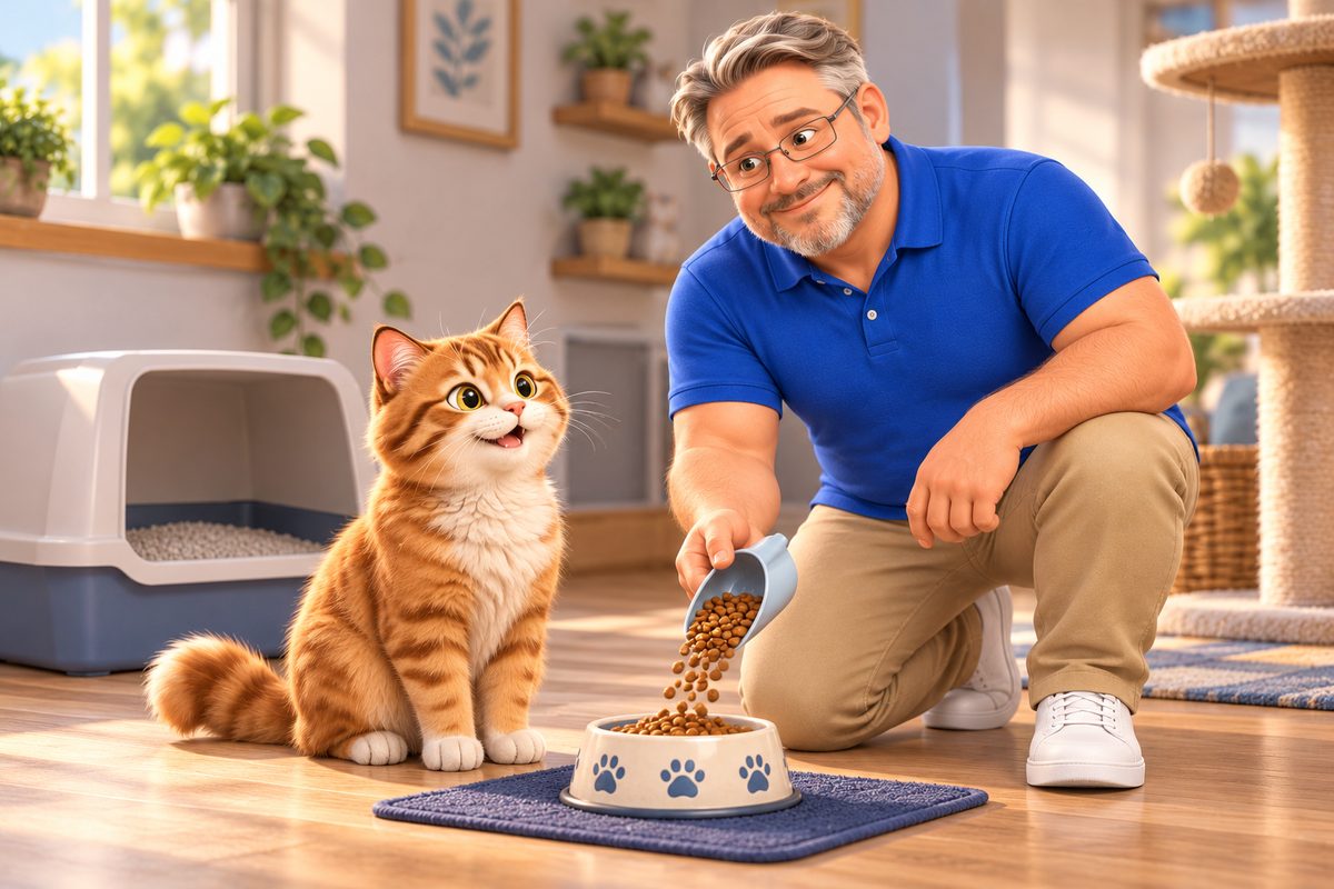 Alex kneeling to pour food into a bowl for an orange tabby cat, with a litter box and cat tree nearby