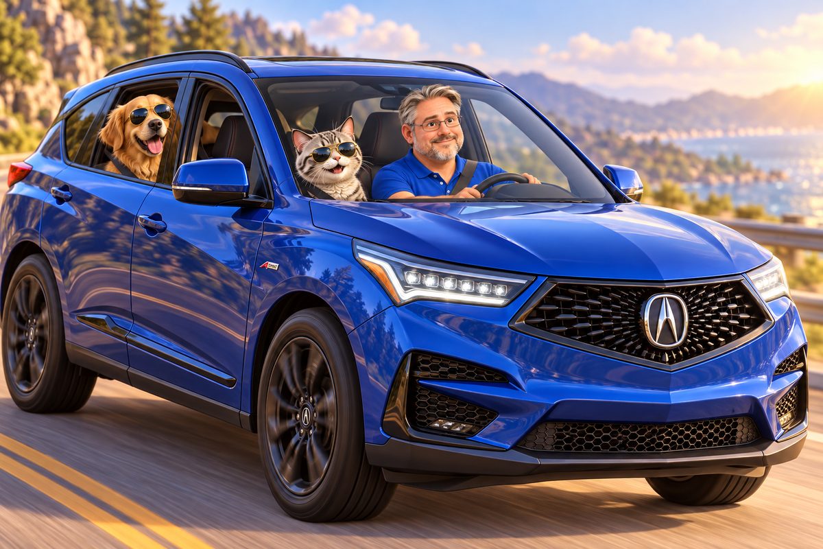 Alex driving a blue SUV with a golden retriever and a tabby cat riding along in sunglasses