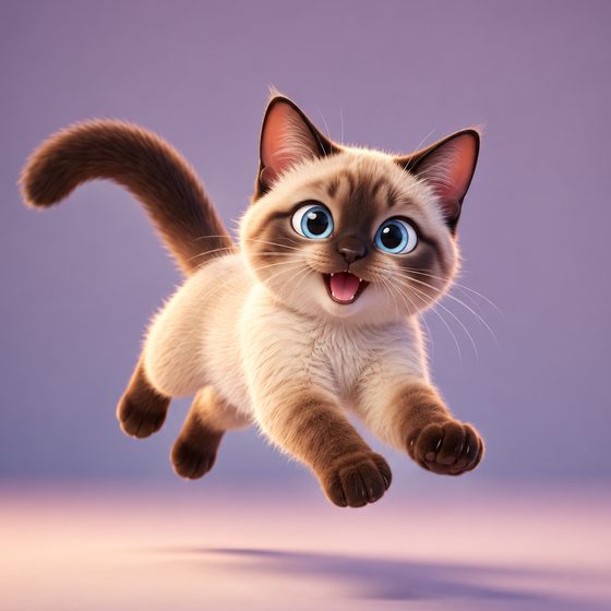 A happy Siamese kitten leaping toward the viewer