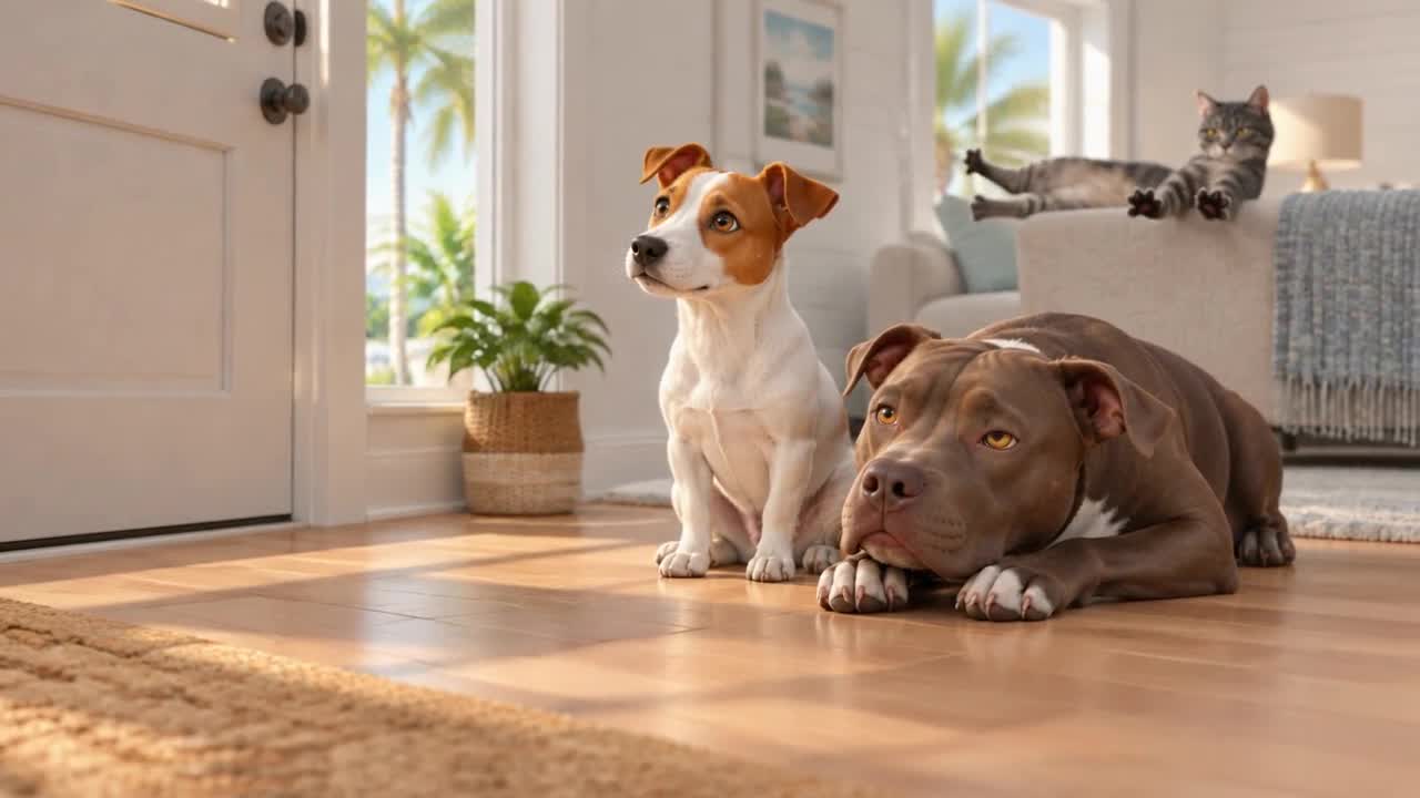 Buddy and Lavender waiting by the front door while a tabby cat watches from the sofa